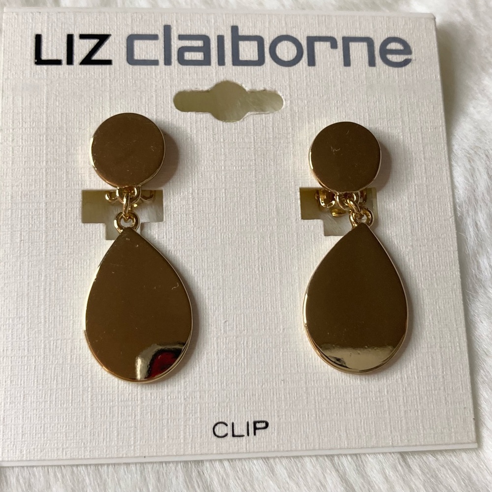 Liz Claiborne Gold Teardrop Clip-On Dangle Earrings